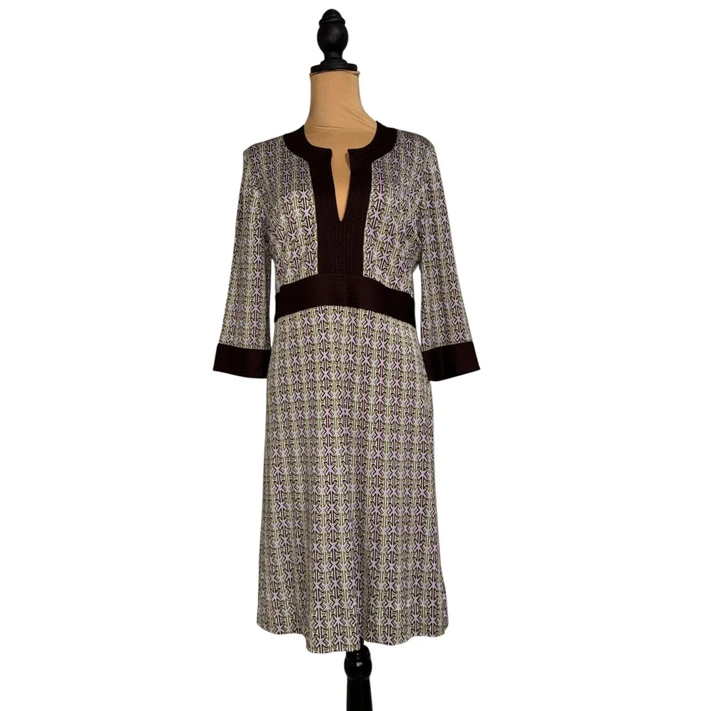 Tory Burch Silk Geometric Print Notched V-Neck Dress Brown Green Lavender Size M